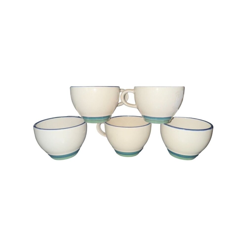 Pfaltzgraff Ceramic Cups Set Of 5 White With Blue Trim & Green Base